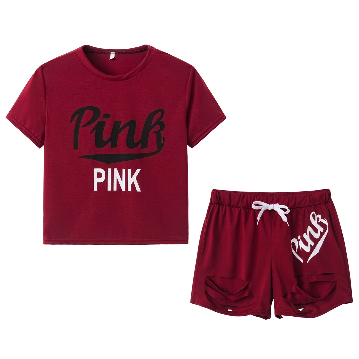 Hot Selling European & American Women's Summer Pink Letter Print Shorts Set