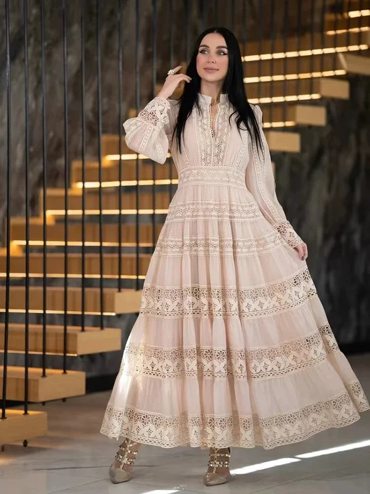 Lace Embroidered Cotton Maxi Dress – Long Sleeve Modest Wedding & Evening Gown for Women