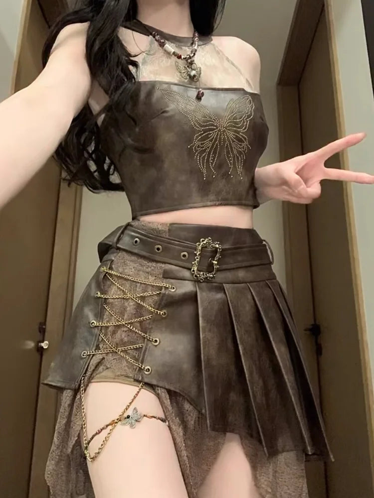 Cool Design Sleeveless Top with High Waist Irregular Lace Retro Set