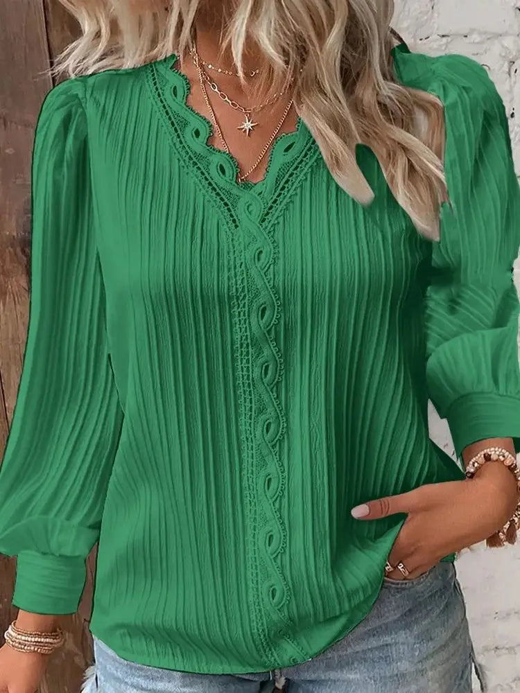 Elegant V-Neck Lace Patchwork Blouse – Women's Long-Sleeve Chic Shirt for Summer & Casual Wear