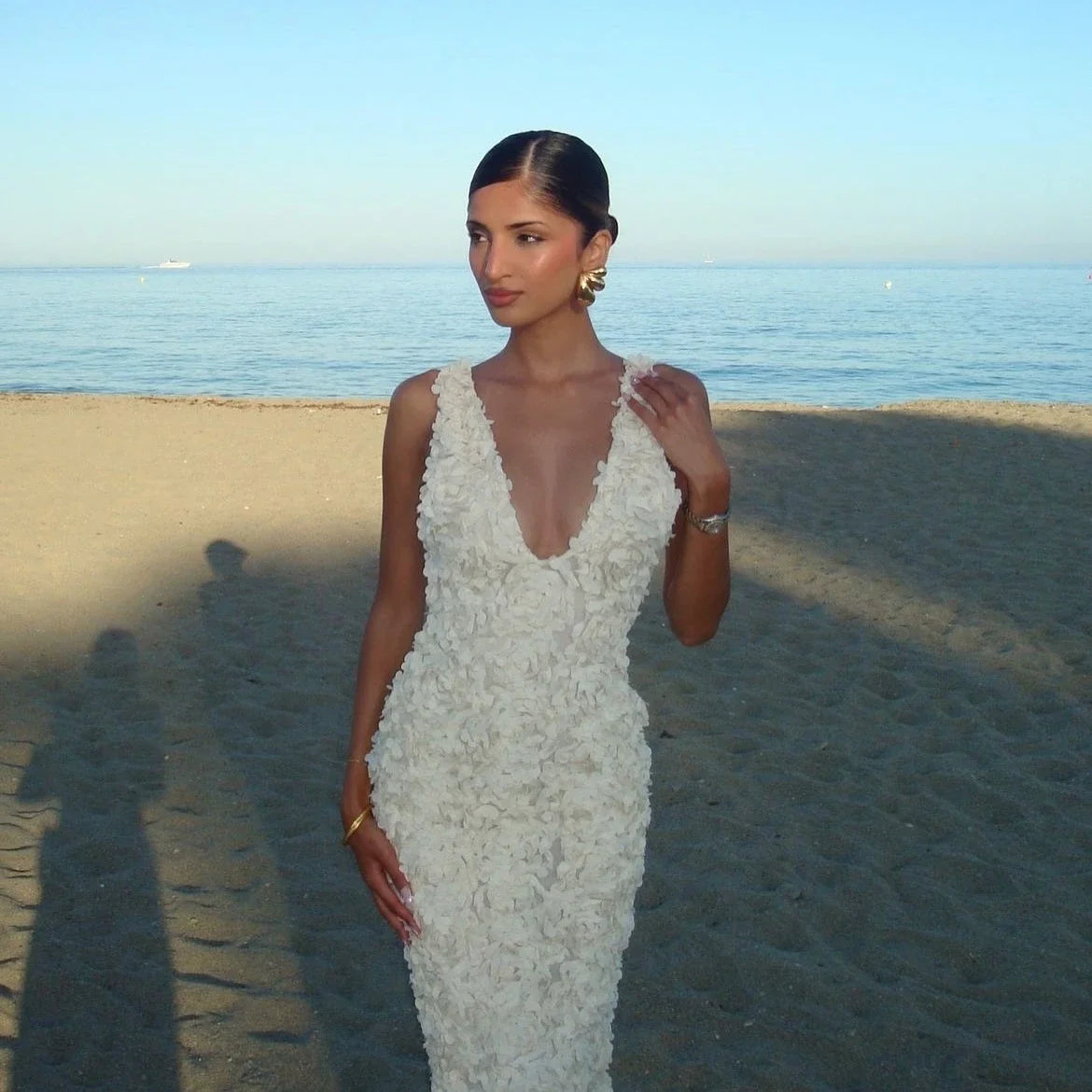 Mingmingxi Elegant Floral Applique Maxi Dress