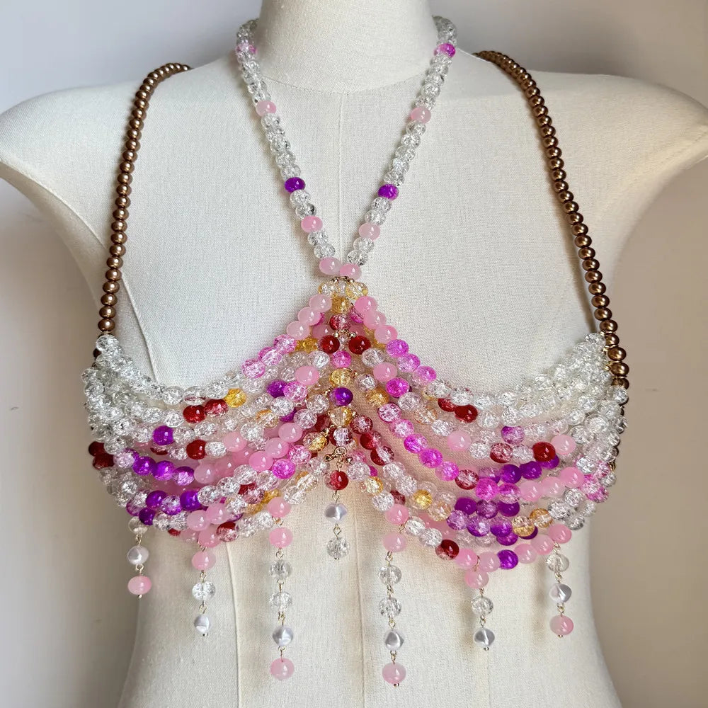 Exaggerated Pearl Beaded Body Chain – Women's Hollow-Out Bustier Camisole for Club & Rave Fashion