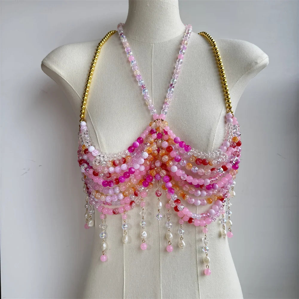Exaggerated Pearl Beaded Body Chain – Women's Hollow-Out Bustier Camisole for Club & Rave Fashion