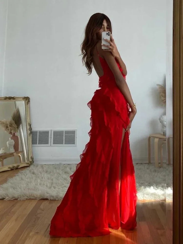 Elegant Chiffon Ruffle Sling Maxi Dress