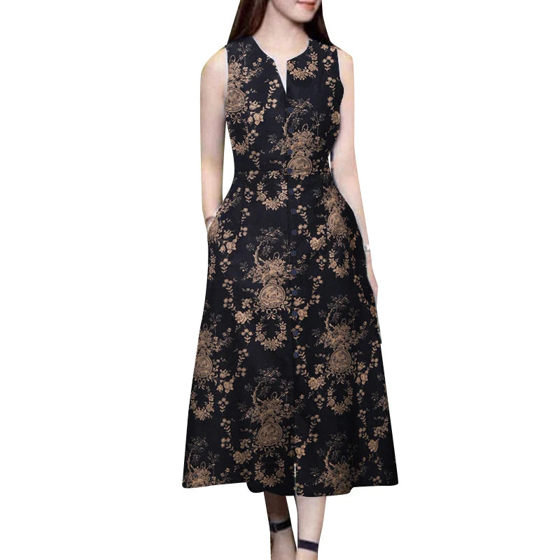 ZANZEA Bohemain Printed Dresses Vintage Sundress Women Summer V Neck Sleeveless Dress Robe Femme Elegant Party Work Vestidos