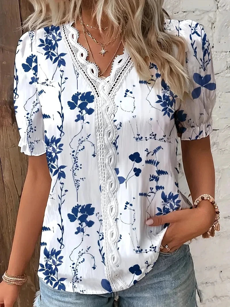 Elegant V-Neck Hollow-Out Blouse – Women's Striped Jacquard Summer Top for Casual & Vacation Wear