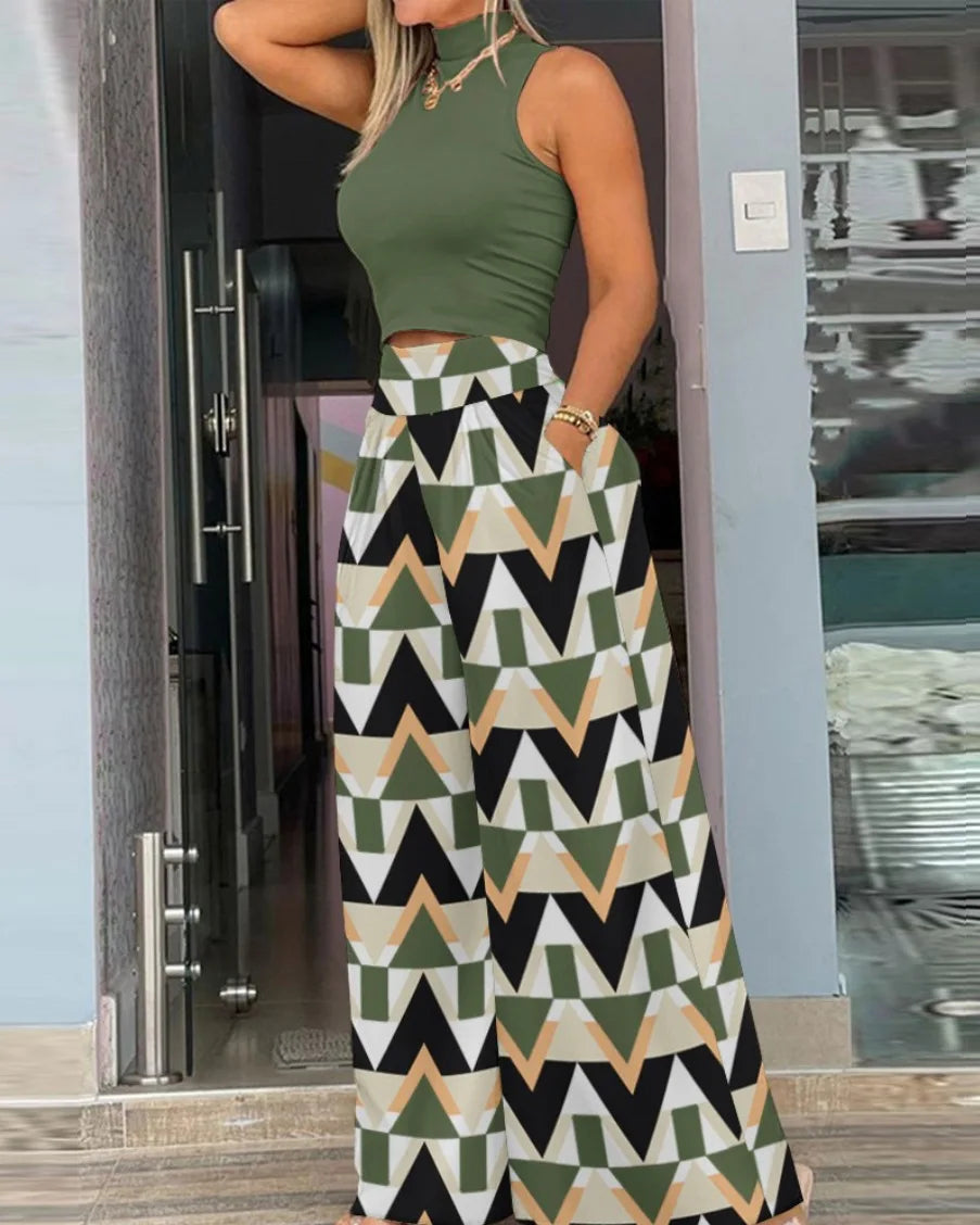 Summer 2024 Women’s Print Two-Piece Set - Sleeveless T-Shirt & Wide Leg Pants