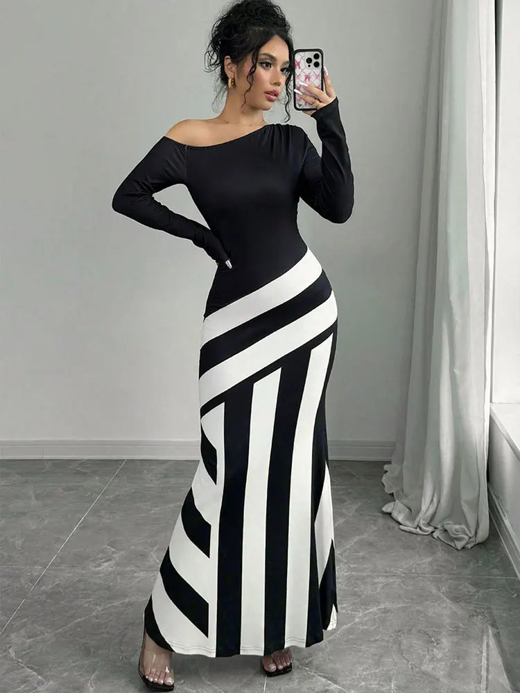 Sexy Patchwork Maxi Dress – Slim Fit Knitted Streetwear for Women