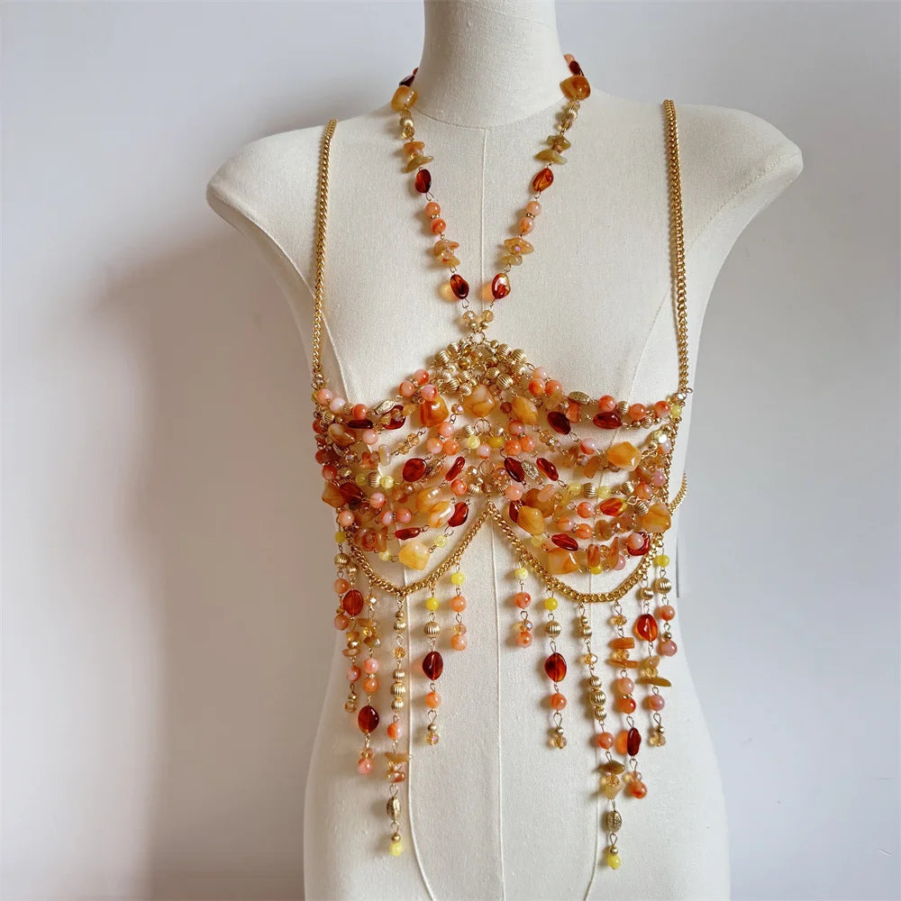 Exaggerated Pearl Beaded Body Chain – Women's Hollow-Out Bustier Camisole for Club & Rave Fashion