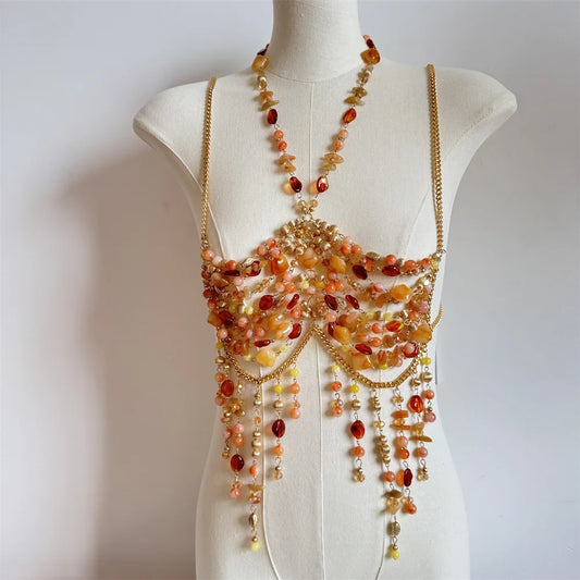 Exaggerated Pearl Beaded Body Chain – Women's Hollow-Out Bustier Camisole for Club & Rave Fashion