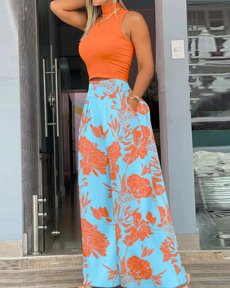 Summer 2024 Women’s Print Two-Piece Set - Sleeveless T-Shirt & Wide Leg Pants