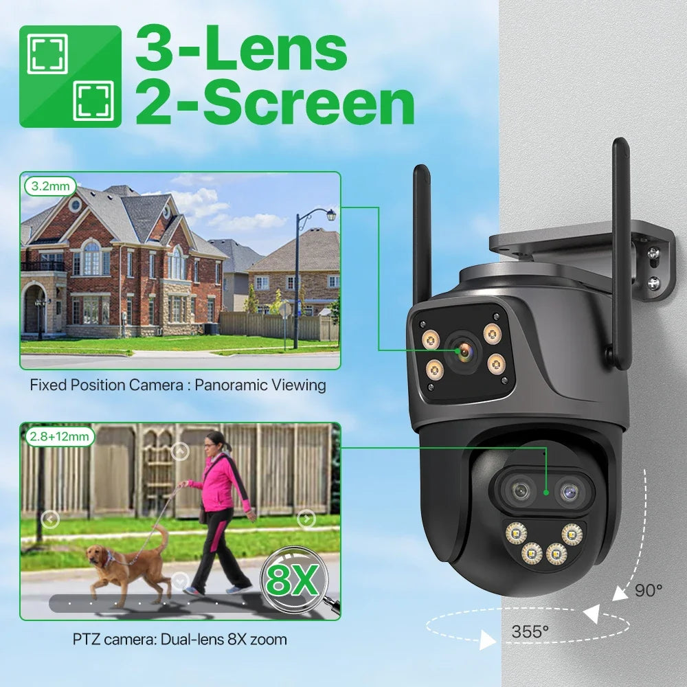 HD Outdoor 6K IP Camera with 9MP, Three-Lens External WiFi, Dual Screen 4K 8MP PTZ Security Camera, Auto Tracking Surveillance with iCSee