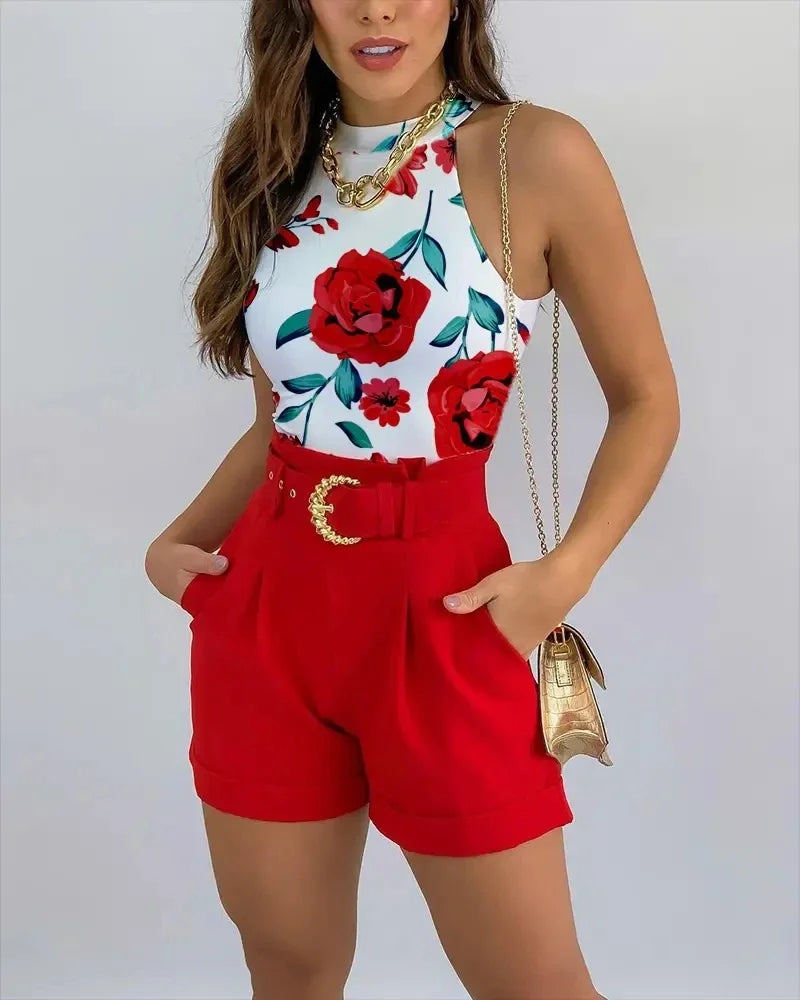 Floral Print Two-Piece Set - Halter Neck Top & High-Waist Belted Shorts