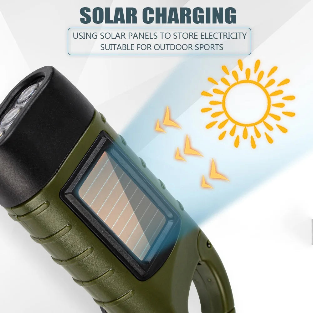 SolarCrank LED Flashlight – Hand Crank & Solar Powered Rechargeable Survival Torch for Outdoor Activities