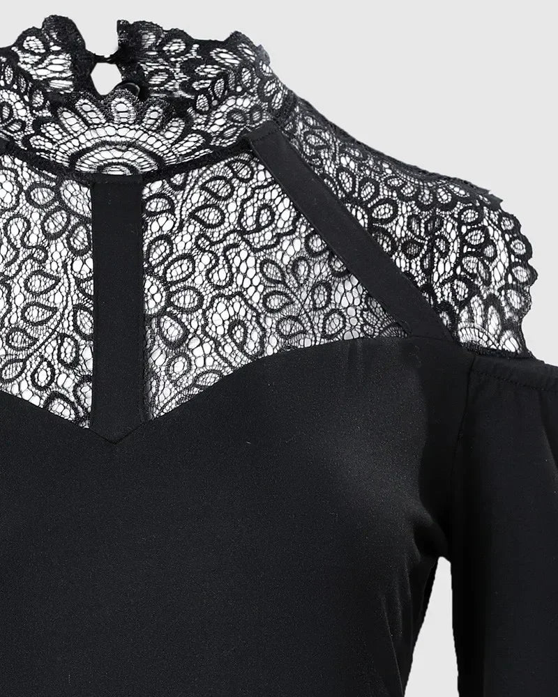 Cold Shoulder Lace Bodysuit – Long Sleeve, Slim Fit