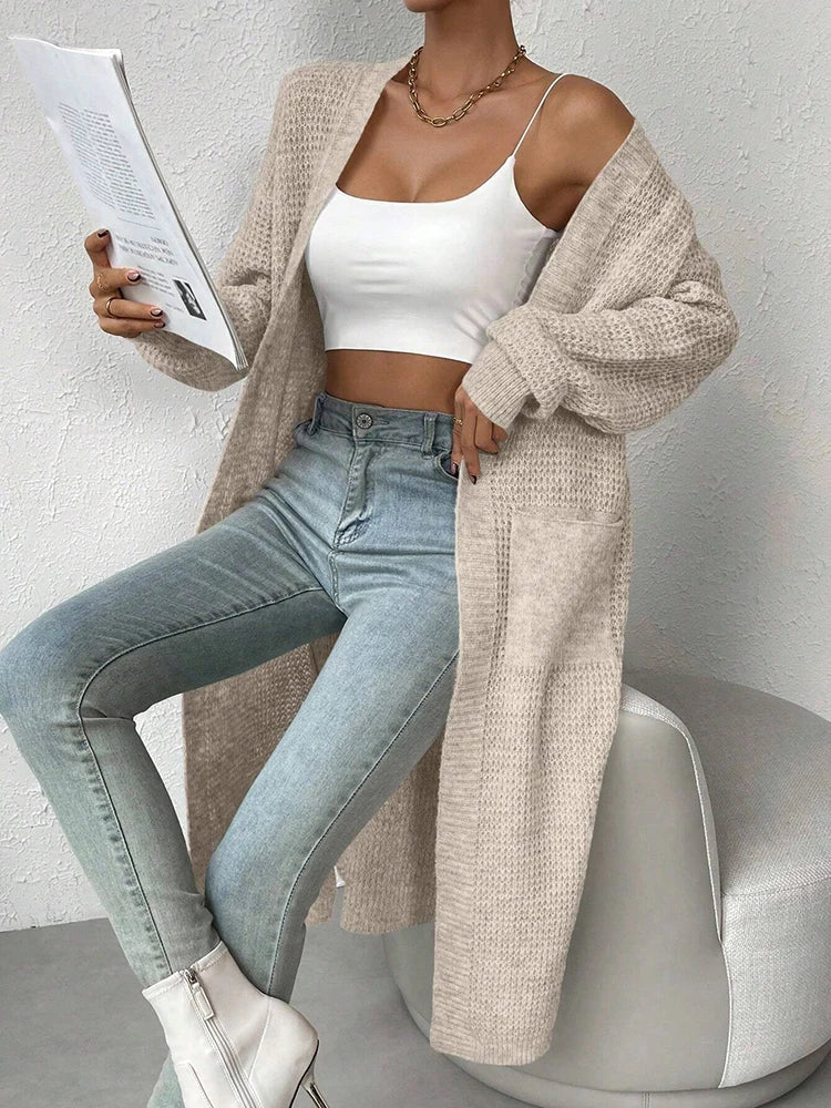 Elegant V-Neck Knitted Cardigan – Women's Mid-Length Hollow-Out Sweater
