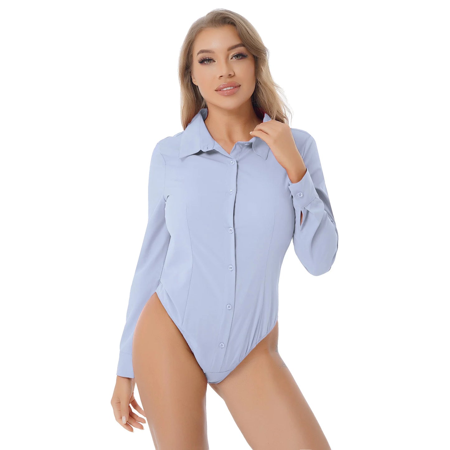 Office Lady Long Sleeve White Bodysuit Shirt