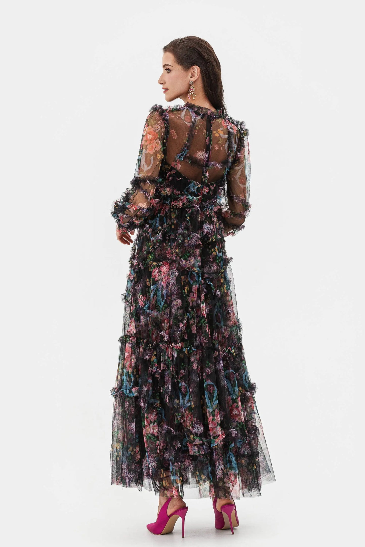 Elegant Lace Ruffle Mesh Gown