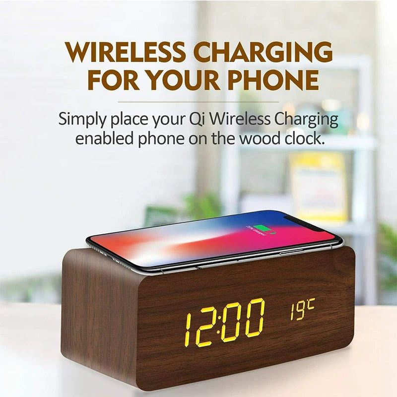 Wooden LED Digital Alarm Clock with Wireless Charging, Displaying Time, Date & Temperature – Multifunctional Desk & Bedside Clock