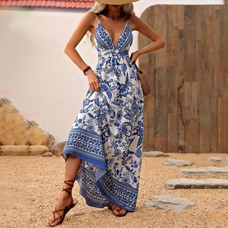 Hawaiian V-Neck Strap Dress – Sexy Korean Style Summer Dress for Women