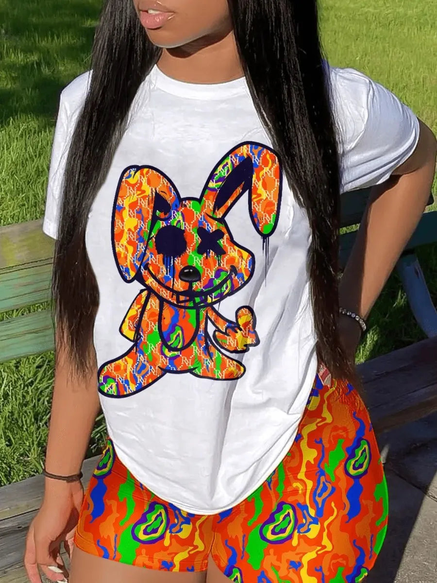 2023 Women's Casual O-neck Cartoon Print T-Shirt & Shorts Set