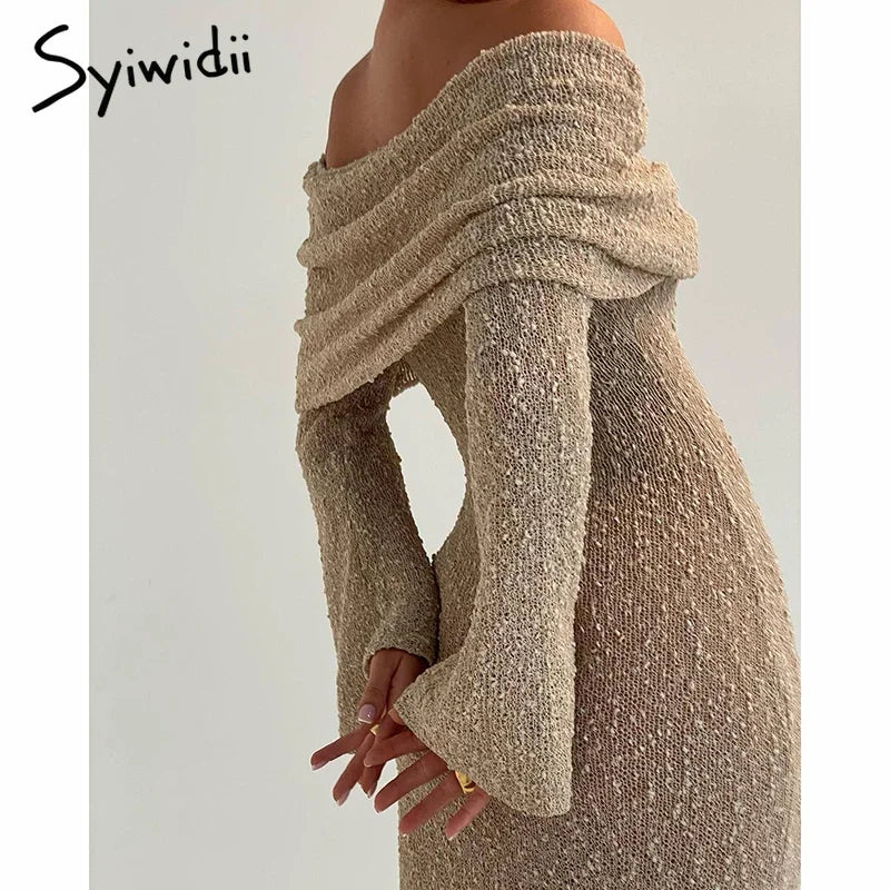 Syiwidii Elegant Off-Shoulder Knit Dress – Long Sleeve Sexy See-Through Evening Dress for Women
