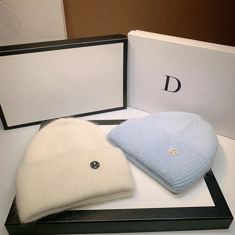 Luxurious Rabbit Fur Beanie - Cozy Black & White Knit Winter Hat