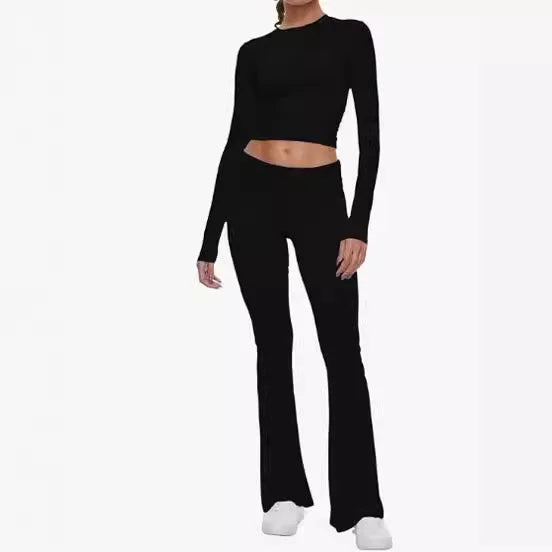 2024 Women’s 2-Piece Set - Round Neck Short Top & Low Waist Flare Pants