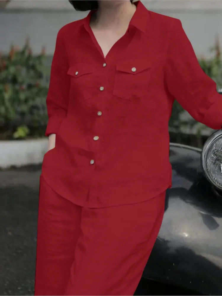 Women’s Elegant Lapel Shirt & Pants Set - Autumn Work Tracksuit