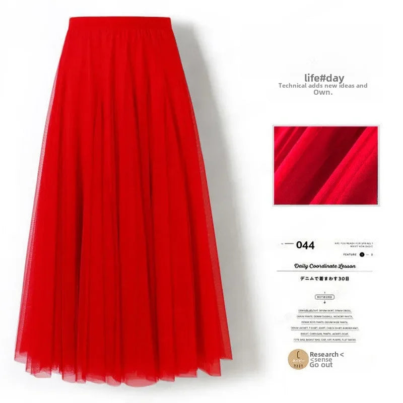 Elegant High-Waisted Pleated Mesh Skirt – Women's Chic A-Line Long Dance Skirt