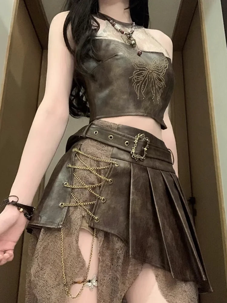 Cool Design Sleeveless Top with High Waist Irregular Lace Retro Set