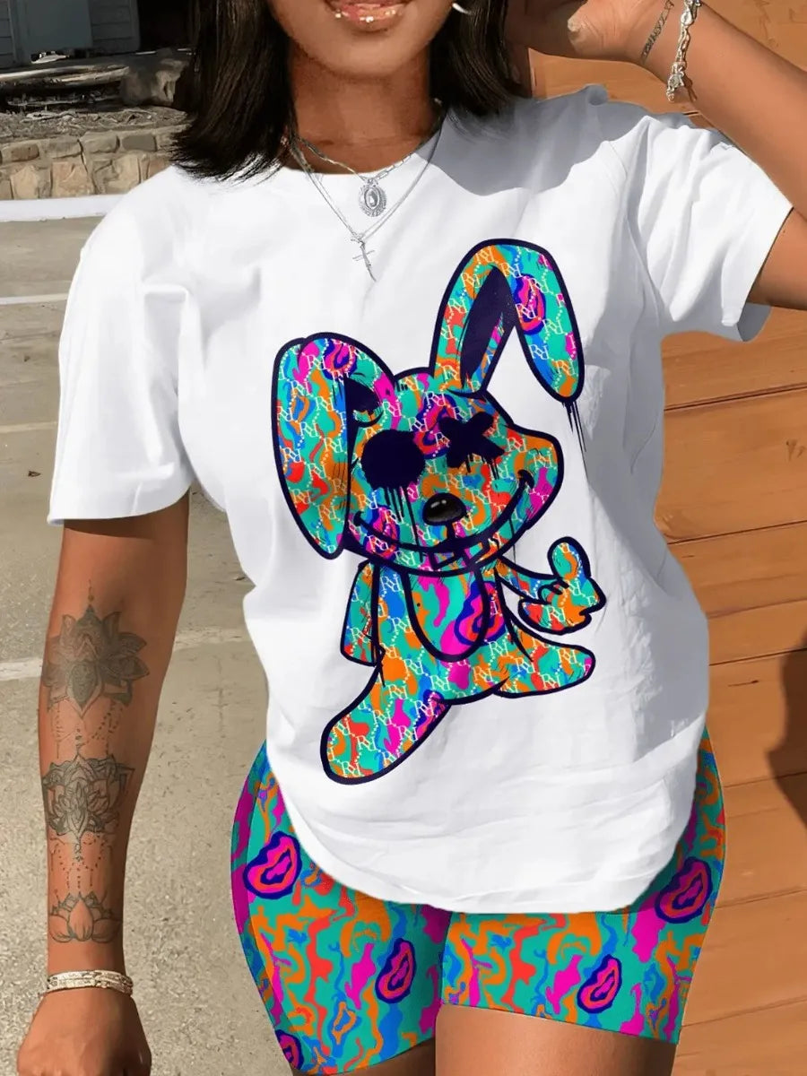 2023 Women's Casual O-neck Cartoon Print T-Shirt & Shorts Set