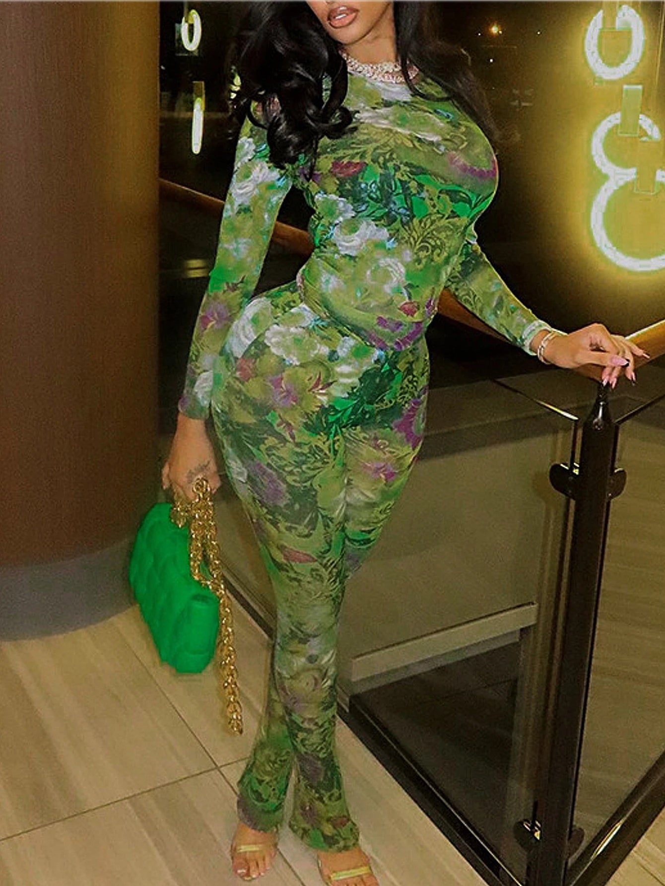 Women's Mesh Printed Long-Sleeve Top & Matching Pants Set – Stylish & Slim Fit