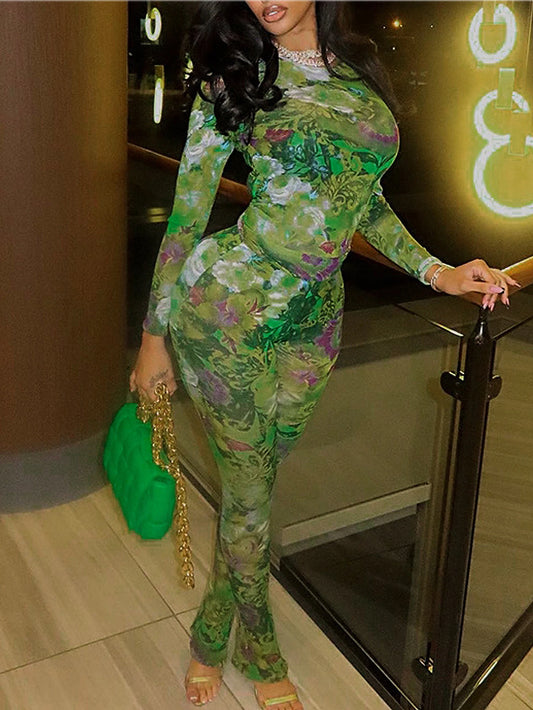 Women's Mesh Printed Long-Sleeve Top & Matching Pants Set – Stylish & Slim Fit