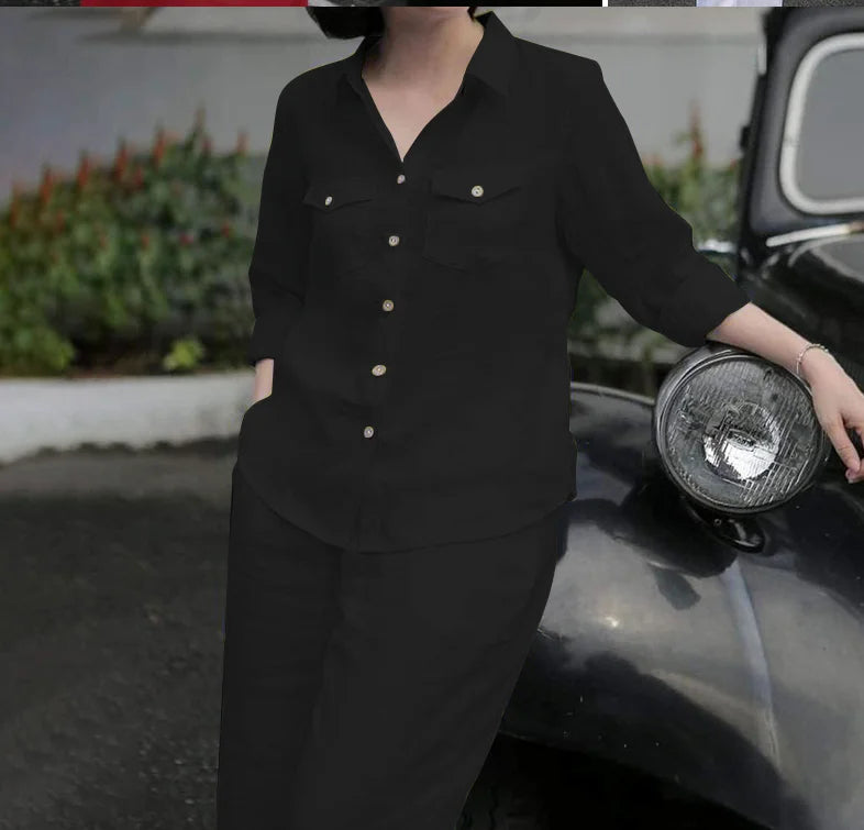 Women’s Elegant Lapel Shirt & Pants Set - Autumn Work Tracksuit