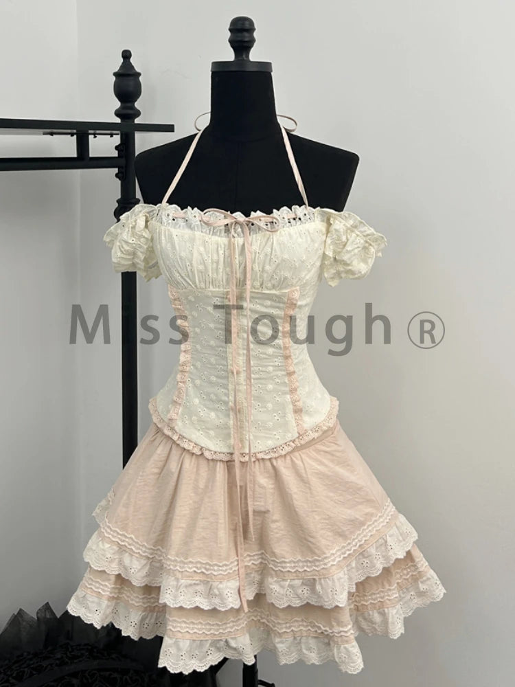 Kawaii Vintage Lace-Up 2-Piece Set – Women's Y2K Princess Mini Skirt Suit for Summer 2024