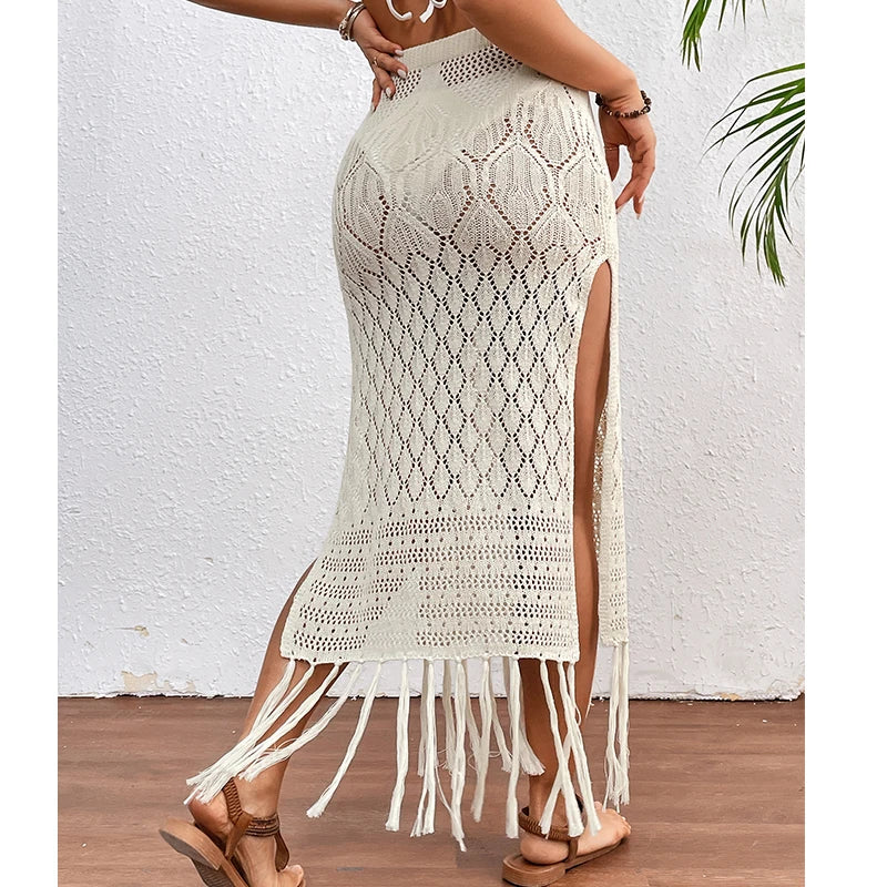 Women’s Knitted Tassel Sarong Skirt - High Slit Bikini Cover-Up