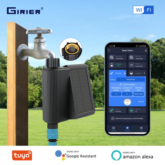 GIRIER Smart Water Timer Solar-Powered WiFi Sprinkler Controller with Brass Inlet