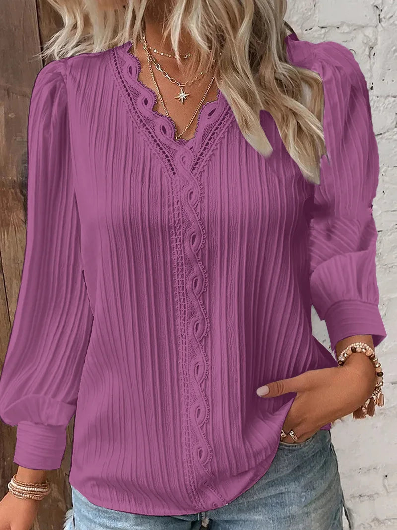 Elegant V-Neck Lace Patchwork Blouse – Women's Long-Sleeve Chic Shirt for Summer & Casual Wear