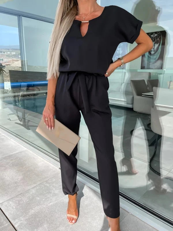 2023 Women’s Solid Color Short Sleeve V-Neck Lace-Up Jumpsuit with Pockets