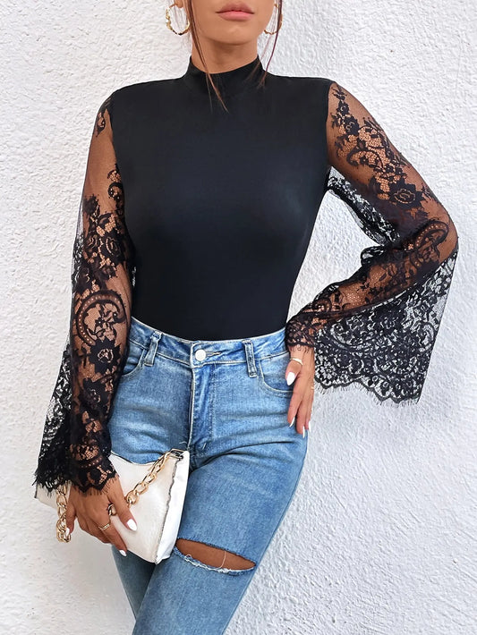 Black Lace Patchwork Flared Jumpsuit