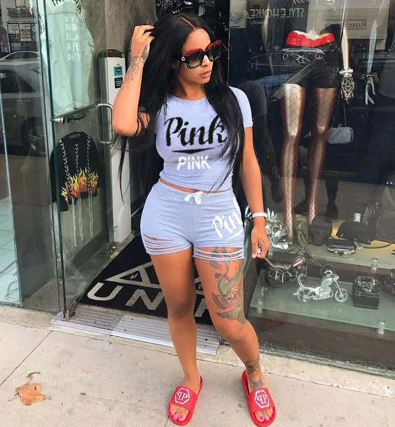 Hot Selling European & American Women's Summer Pink Letter Print Shorts Set