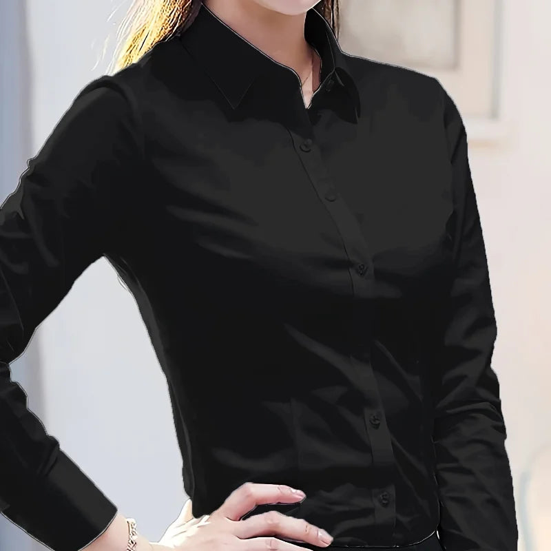 Elegant All-Season Solid Button-Up Shirt - Slim Fit Long Sleeve Blouse