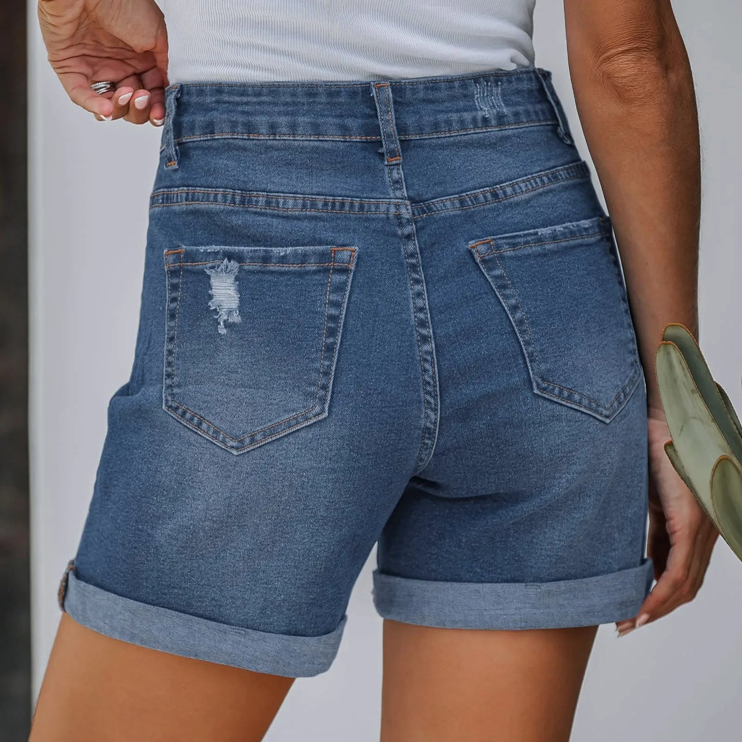 High-Waisted Stretchy Jean Cargo Shorts for Women - Ripped & Distressed