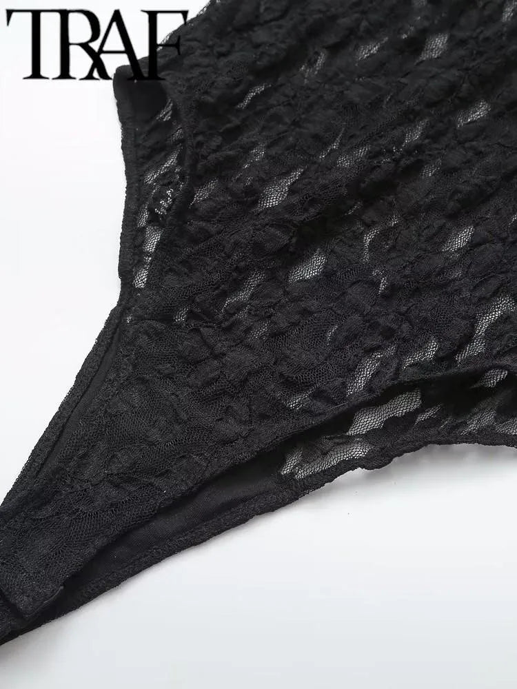 Sexy Sheer Lace Bodysuit – Women's Slim Fit Mock Neck Long-Sleeve Playsuit for Spring 2024