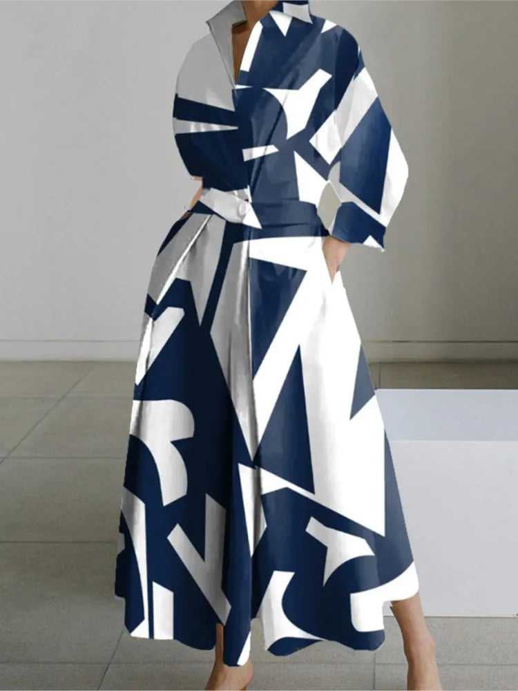 Autumn Long Sleeve Dot Print Maxi Dress – Elegant V-Neck Shirt Party Dress for Women