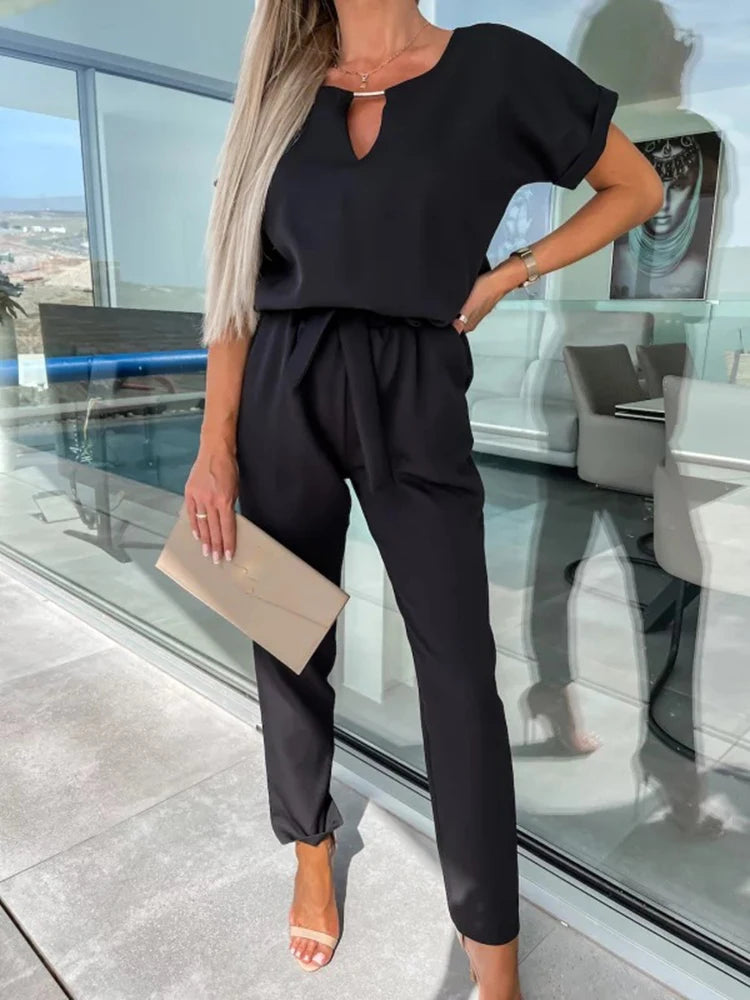 2023 Women’s Solid Color Short Sleeve V-Neck Lace-Up Jumpsuit with Pockets