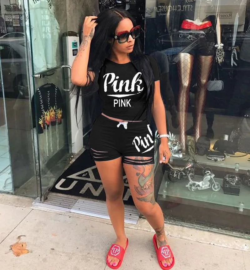 Hot Selling European & American Women's Summer Pink Letter Print Shorts Set