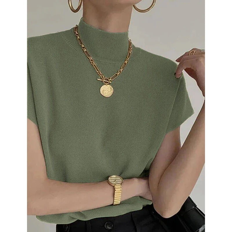 Elegant Stand-Up Collar Knitted Blouse – Women's Short-Sleeve Loose Fit Summer Top for Office & Casual Wear