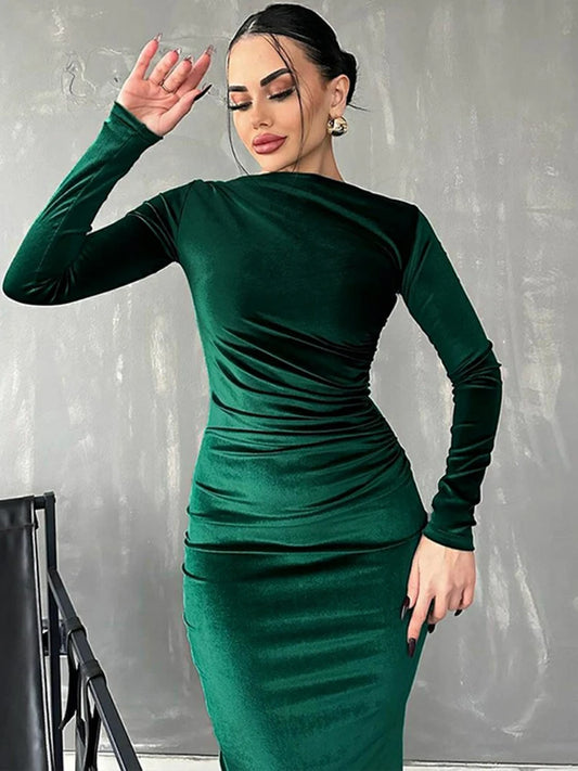 Velvet Green Ruched Midi Dress – Elegant Spring Summer Party Outfit